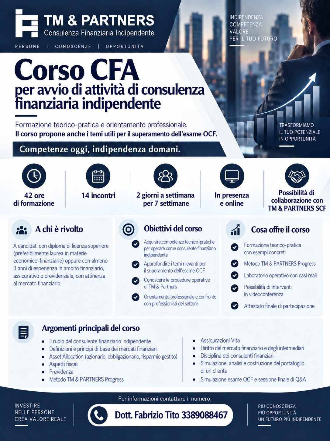 Locandina del Corso CFA di TM & PARTNERS SCF: 42 ore, 14 incontri, in presenza e online, con temi utili all’esame OCF
